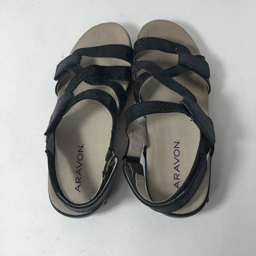 Aravon Sandals Womens Size 8 Comfort X Strap Ankle Black Snake Print D - Picture 5 of 10